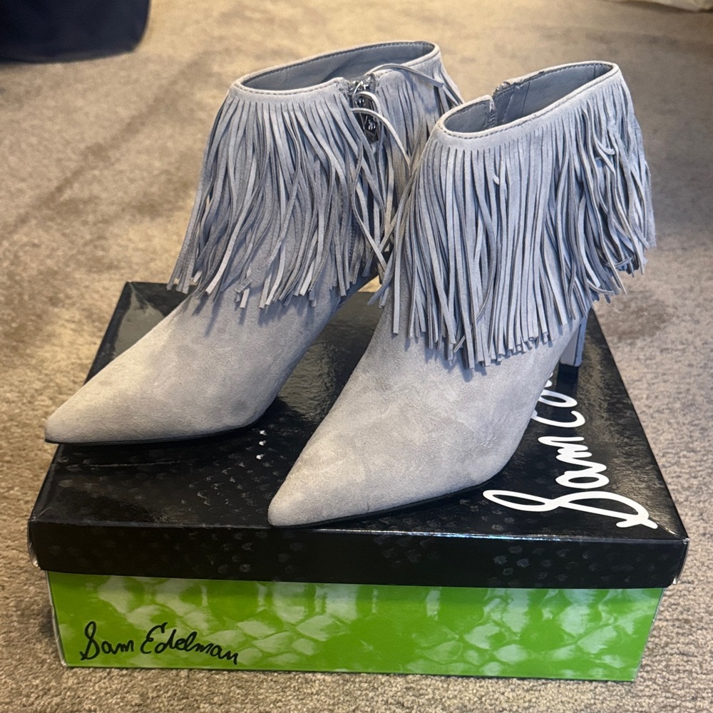 Sam Edelman Kandice Light Gray Fringe Ankle Booties